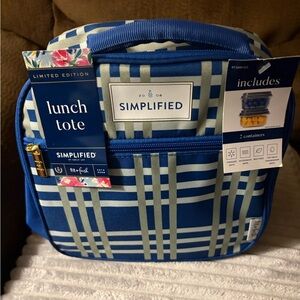 Simplified Blue Plaid Lunch Tote top handle,zip front 2 containers /micro safe